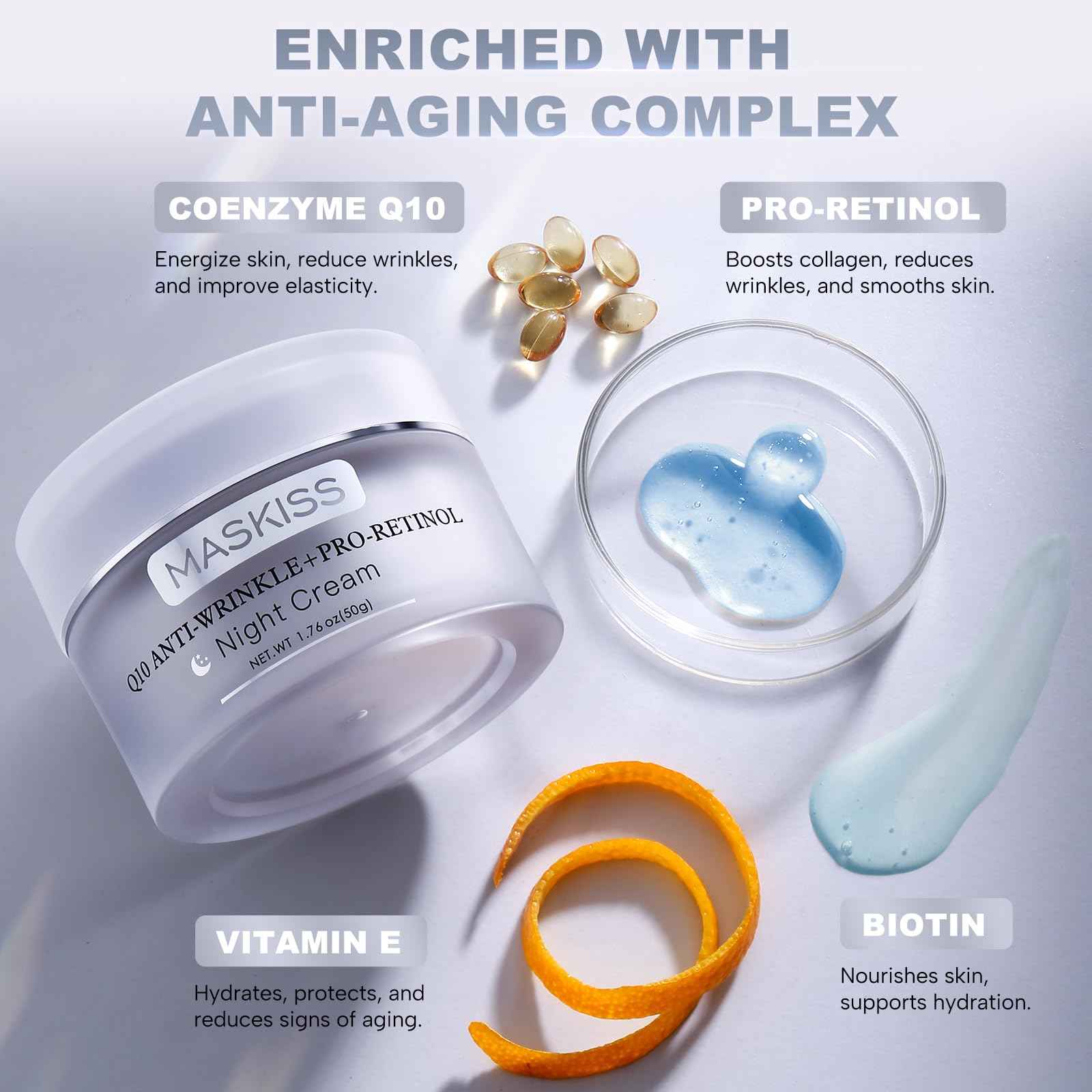 Maskiss Anti-Wrinkle Night Cream (Q10 + Pro-Retinol) & Face Cream (Q10 + Biotin), Unscented Anti-Aging Face Moisturizer for Sensitive Skin