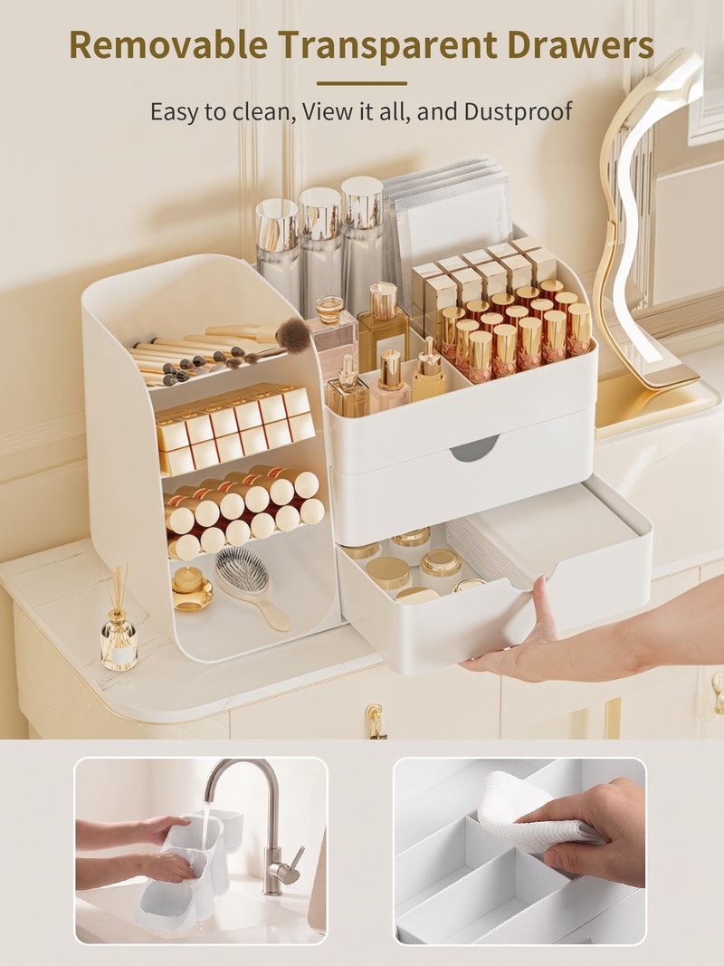 Booklov Makeup Organizer for Vanity, Countertop Cosmetic Display Case with Drawers, Bathroom Counter Beauty Caddy, Comfyroom Table Storage Holder for Skincare, Brush Eyeliner Eyeshadow Lipstick, White