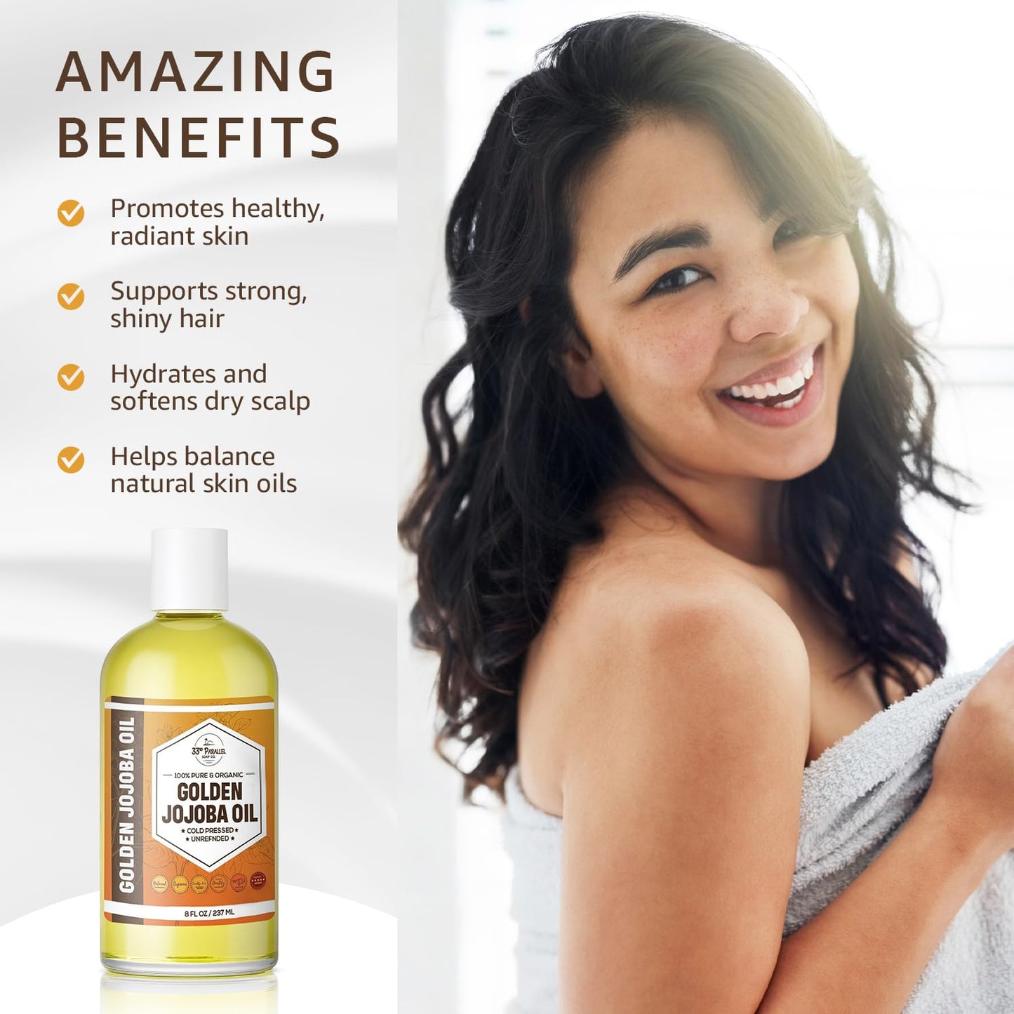 33rd PARALLEL | Golden Jojoba Oil (32 oz) Cold Pressed & Unrefined; Non-GMO; 100% Pure & Natural Hexane Free | Moisturizing Oil for Skin, Face, Hair & Nails | 32 FL OZ
