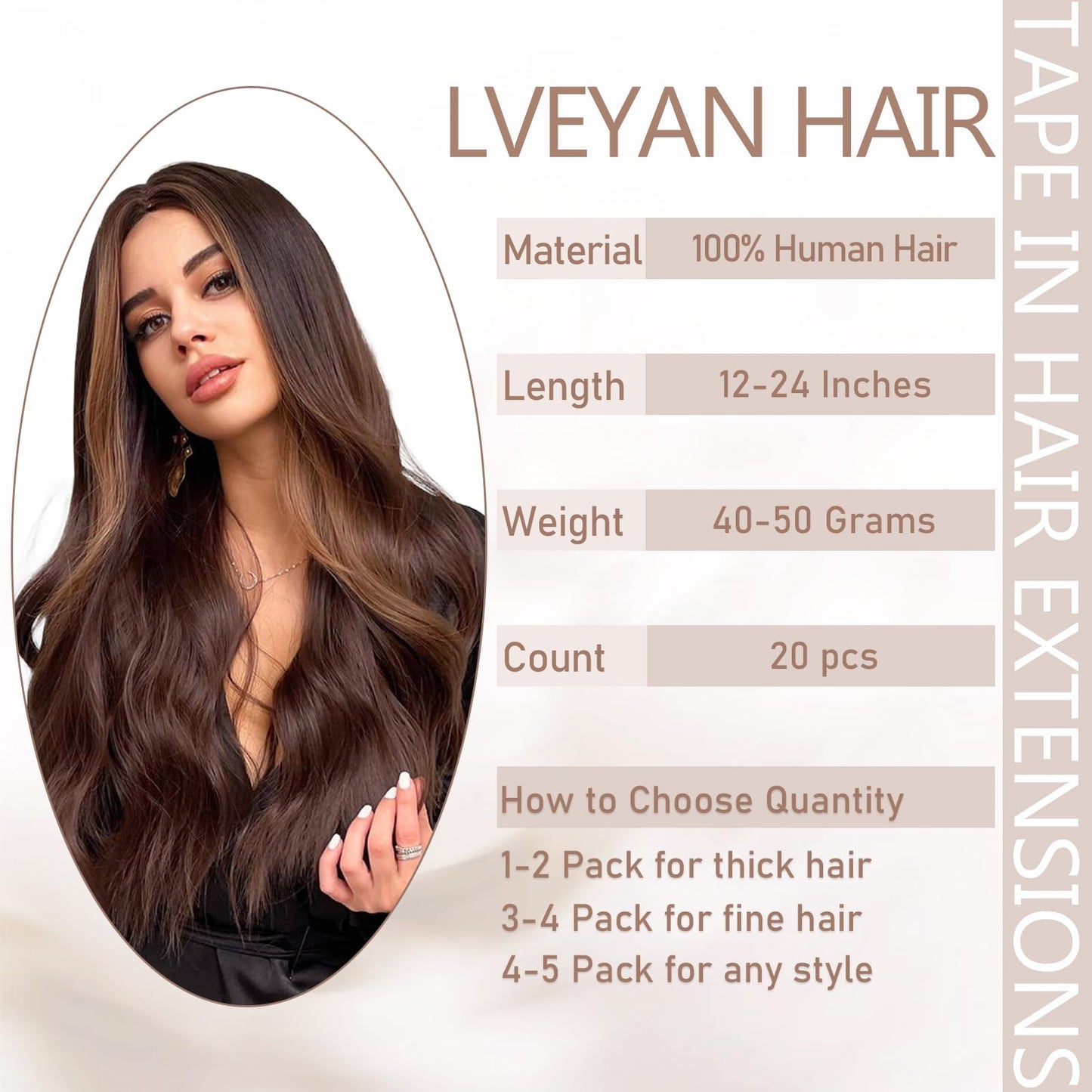 Lveyan Tape in Hair Extensions Human Hair 16 Inch Brown 20pcs 50g/pack Tape in Straight Seamless Skin Weft Remy Tape in Hair Extensions for Women（#4, 16Inch ）
