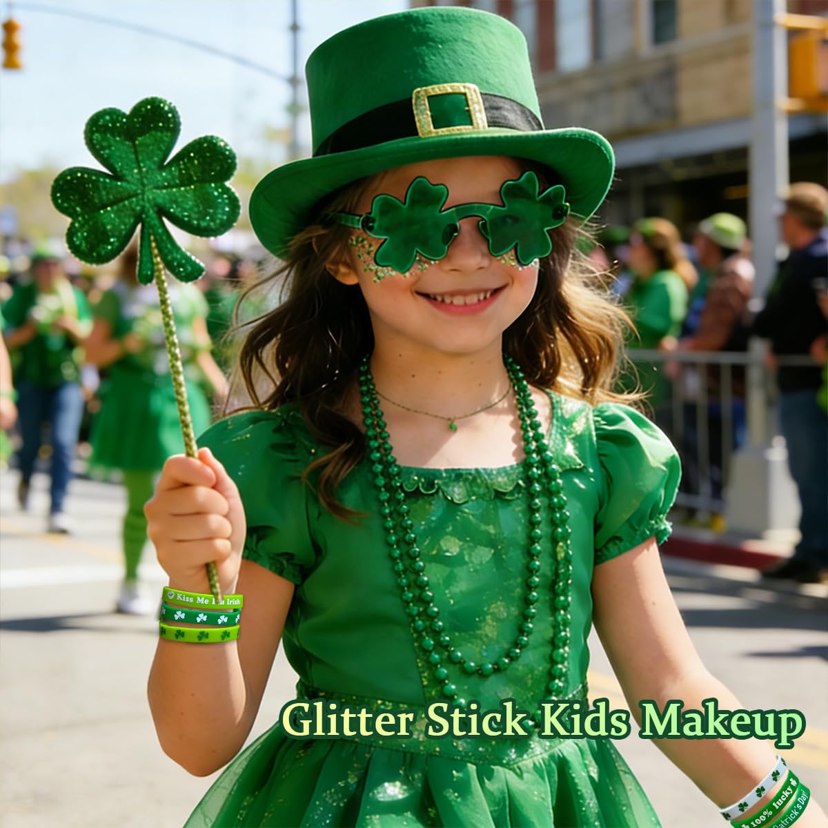 19PCS St. Patrick's Day Accessories Set, Green Face & Body Glitter, Green Glasses, Irish Bracelets, Round Bead Necklaces, Party Favors for Women and Family