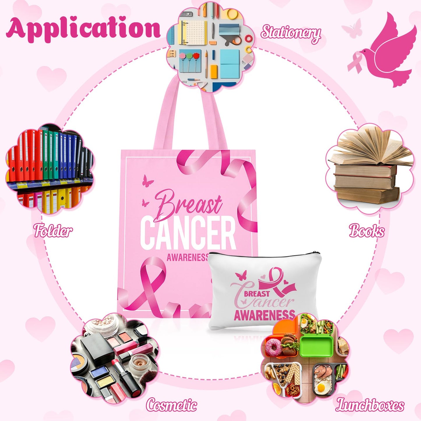 Blosssound 12 Pcs Gift for Women Canvas Tote Bag Cosmetic Makeup Bag(Breast Cancer)