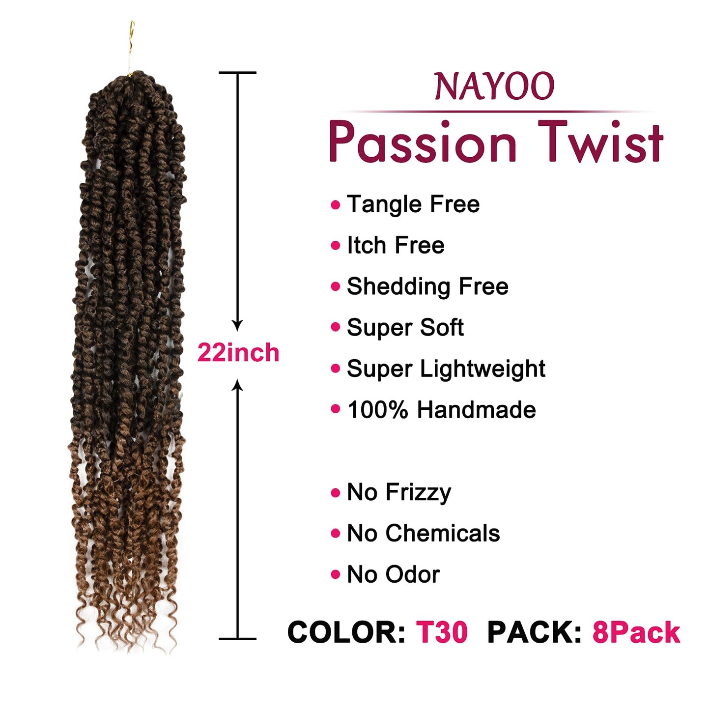 Passion Twist Hair - 8 Packs 22 Inch Passion Twist Crochet Hair For Women, Crochet Pretwisted Curly Hair Passion Twists Synthetic Braiding Hair Extensions (22 Inch 8 Packs, T30)