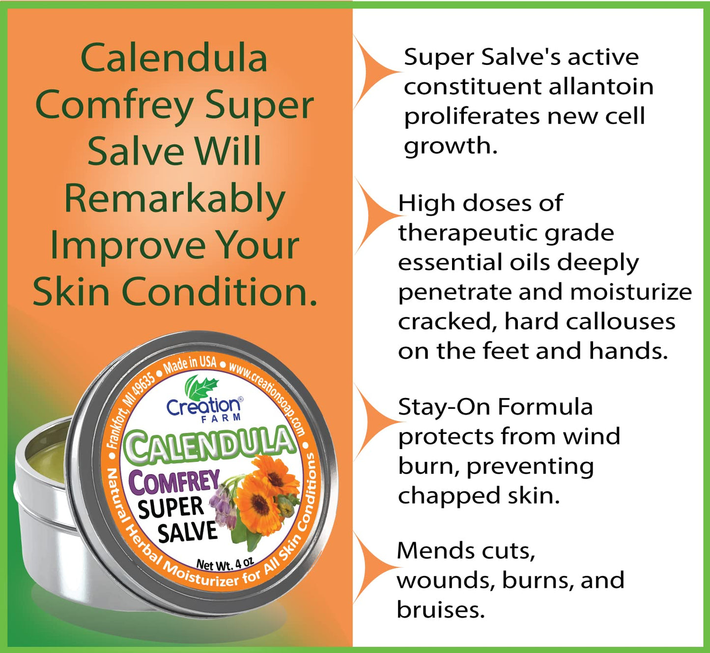 Calendula Comfrey Super Salve by Creation Farm, Herbal Balm, Moisturizer, and Ointment with No Gluten, Soy, GMO or Parabens, Made in USA Comforts many issues.