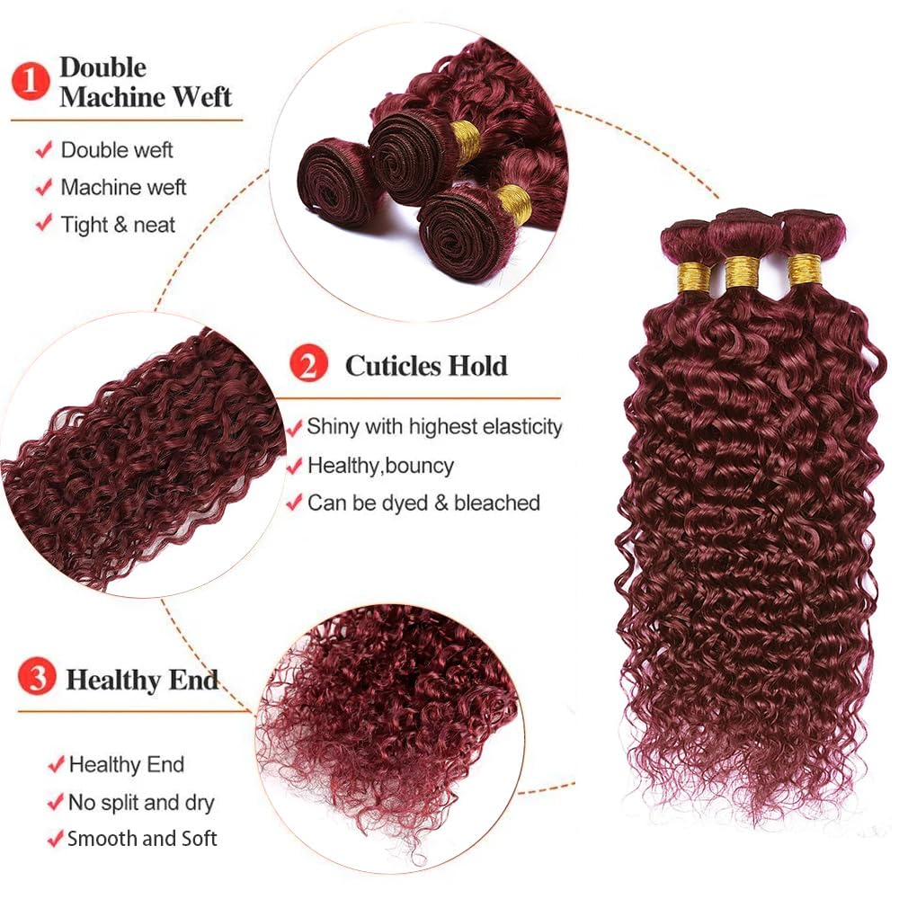 Dokksiiia Wine-Red Bundles Human Hair #99j Curly Weave Extensions 8/10/12 Inch Burgundy Color 99J Curly Wave Bundles Double Weft Brazilian Hair Extensions