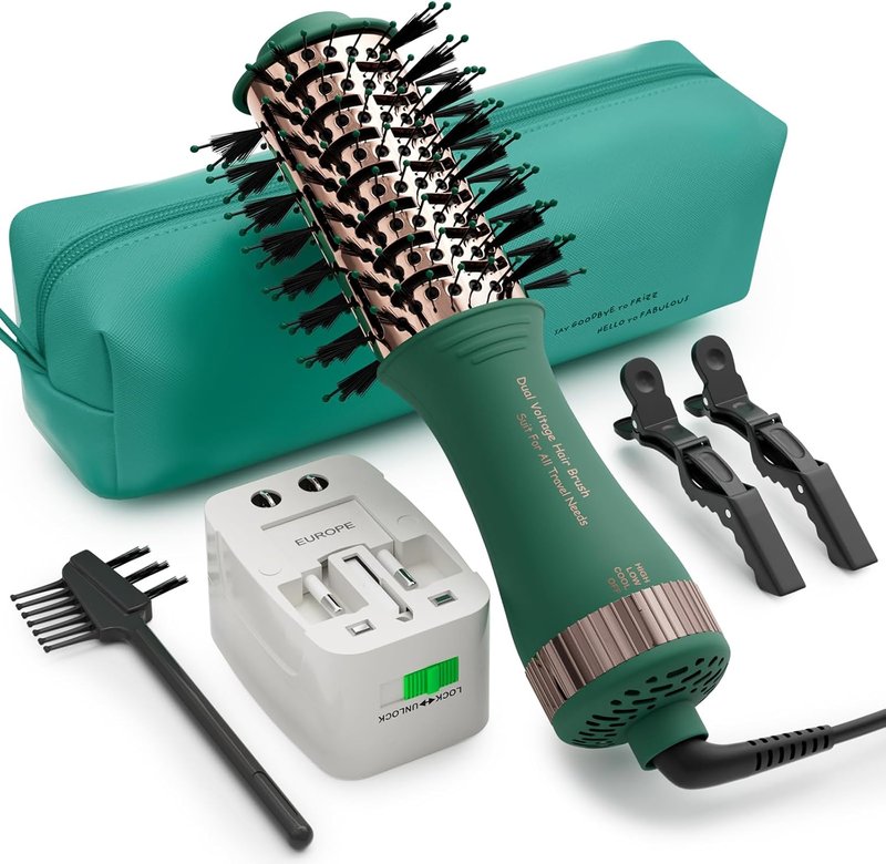 Dual Voltage Travel Hair Dryer Brush - Mini Hot Air Styling Tool, 2-Inch Oval Design | Lightweight & Universal Plug