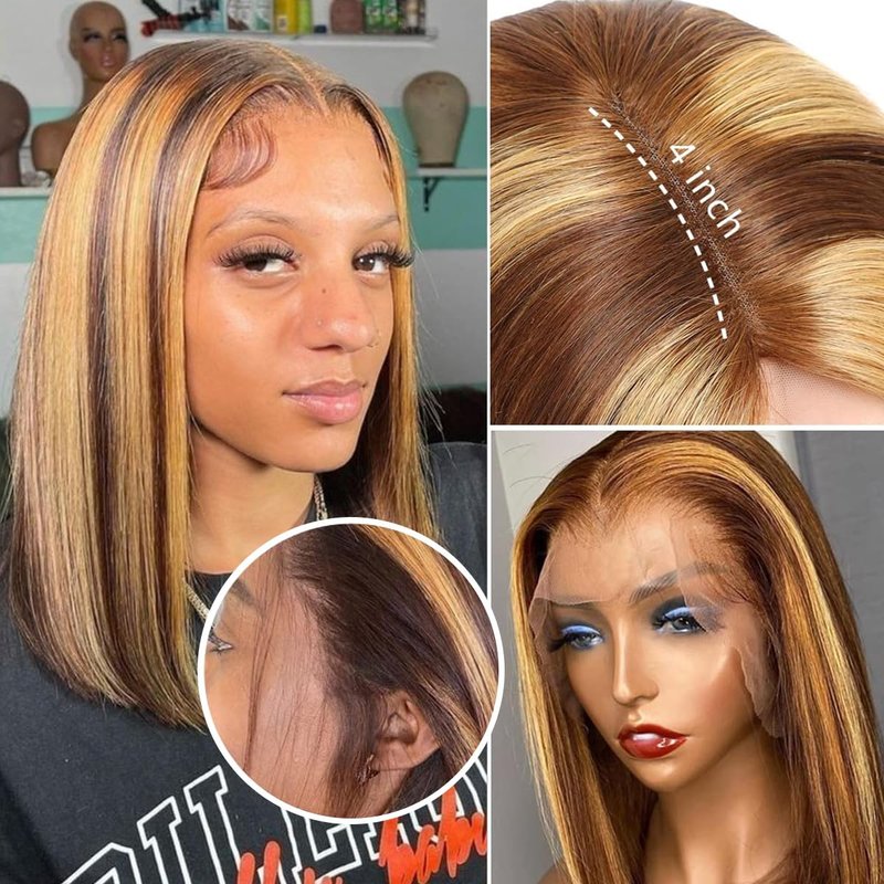Highlight Ombre Lace Front Wig - 10 Inch Human Hair Bob Wig for Black Women | 150% Density, 13x4 Transparent Lace