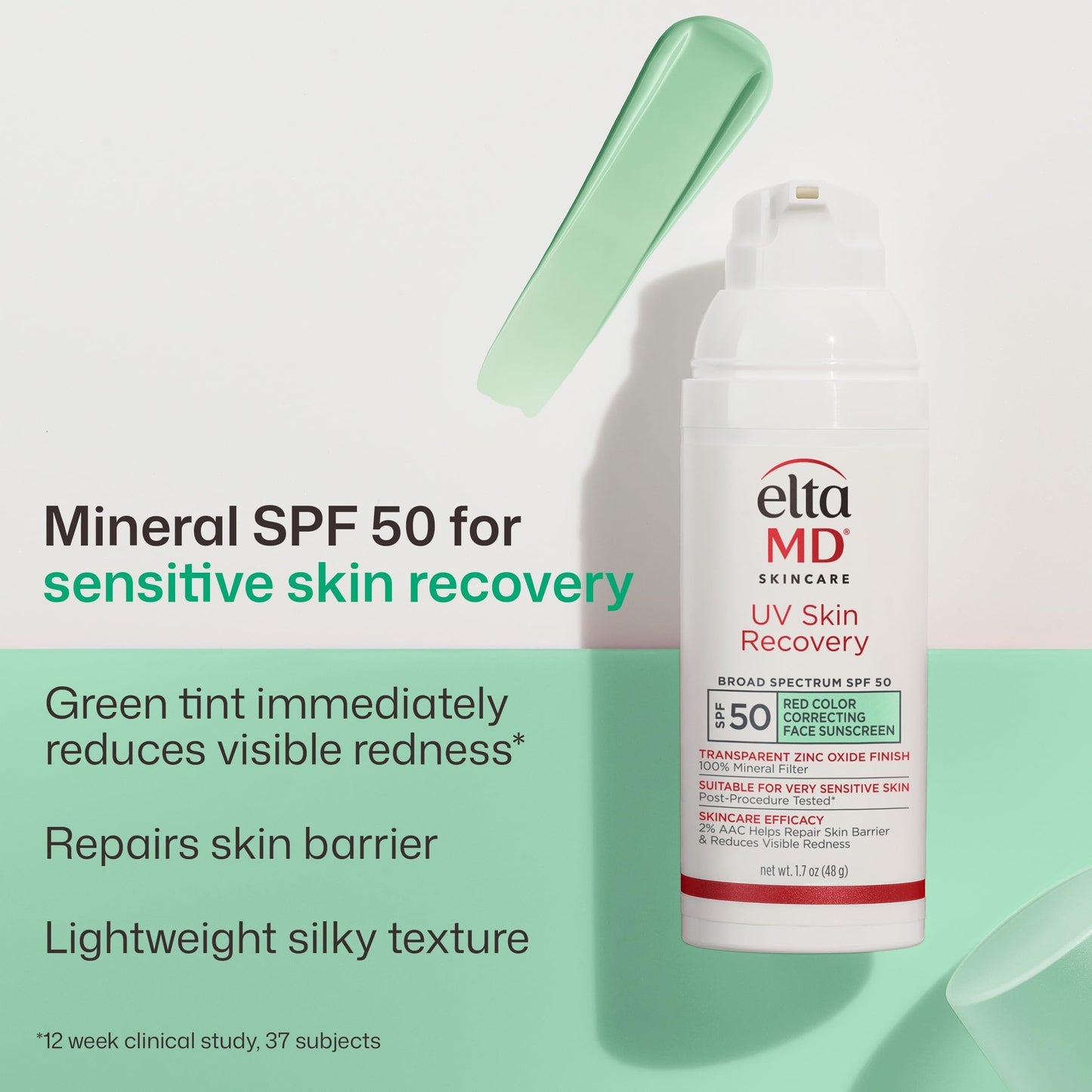 EltaMD UV Skin Recovery Green Tint 100% Mineral Sunscreen, SPF 50, Redness Correcting Face Sunscreen, Safe for Sensitive Skin, 1.7oz