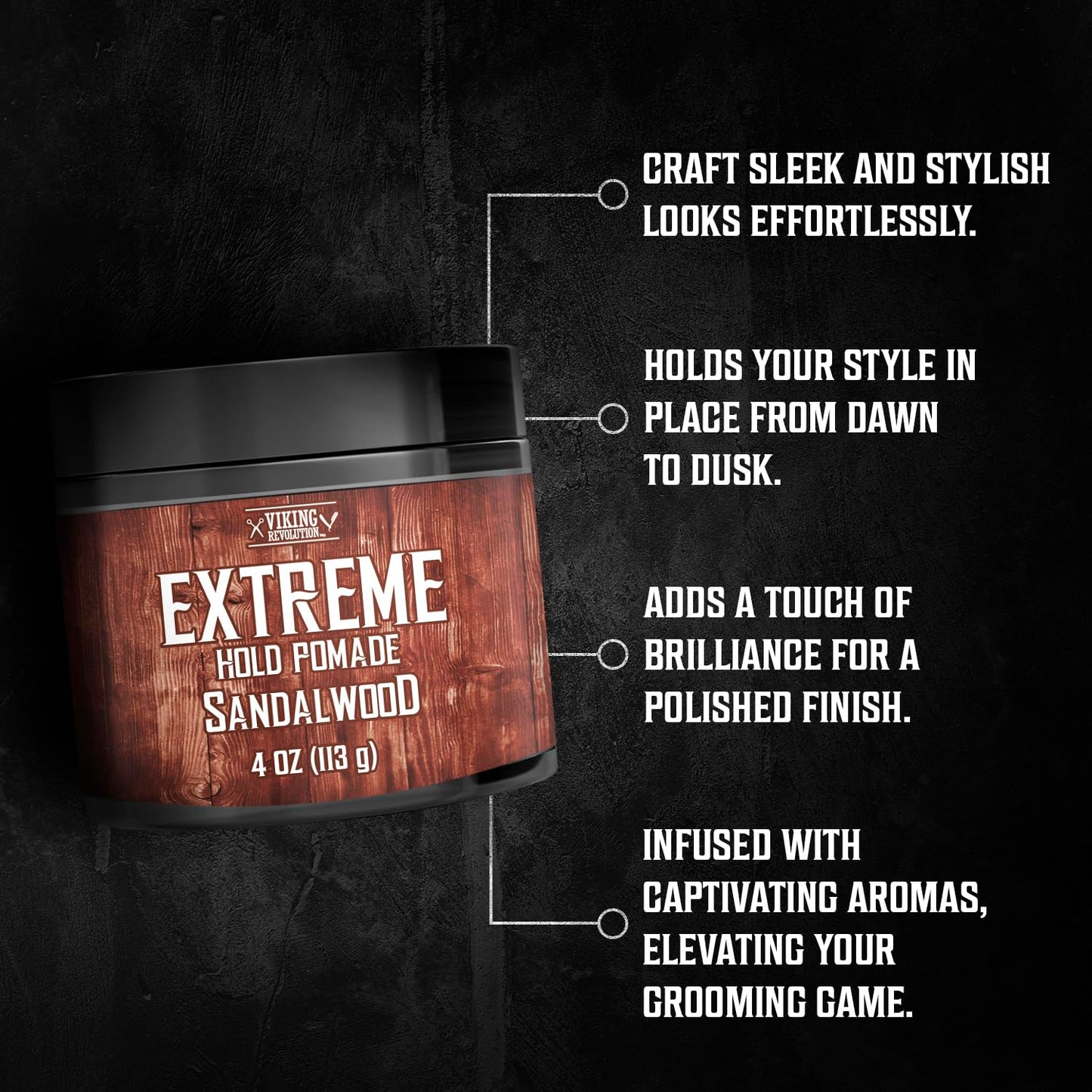 Viking Revolution Sandalwood Hair Pomade for Men - Extreme Hold Water-Based Hair Gel - Extra Firm Strong Hold With High Shine - Mens Pomade (4oz)