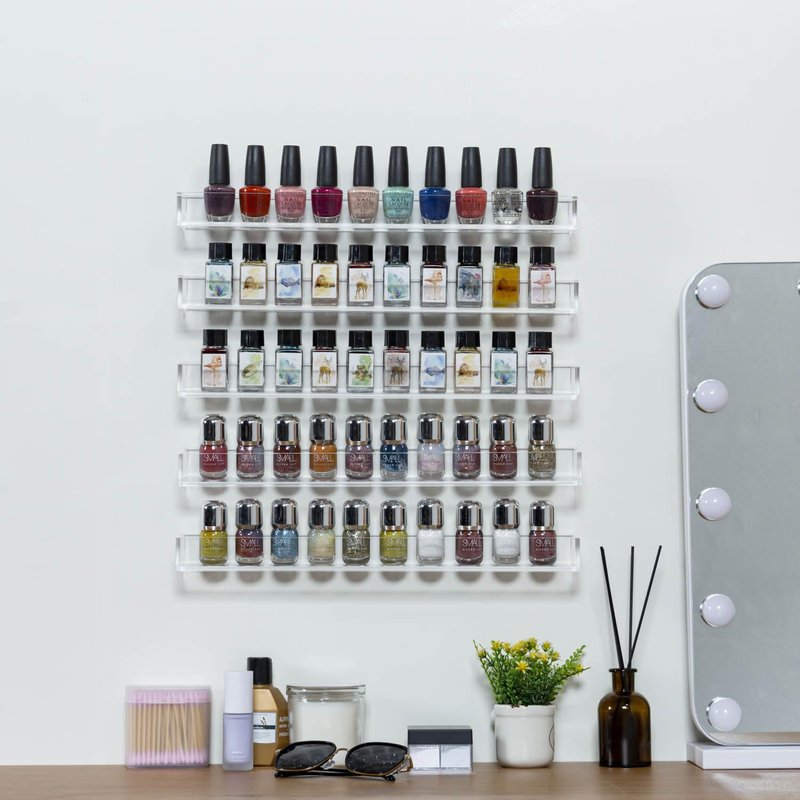 MyGift 16 Inch Wall Mounted Premium Clear Acrylic Nail Polish and Essential Oil Display Shelves, Kitchen Hanging Racks for Seasoning Shakers or Spice Jars, Set of 5