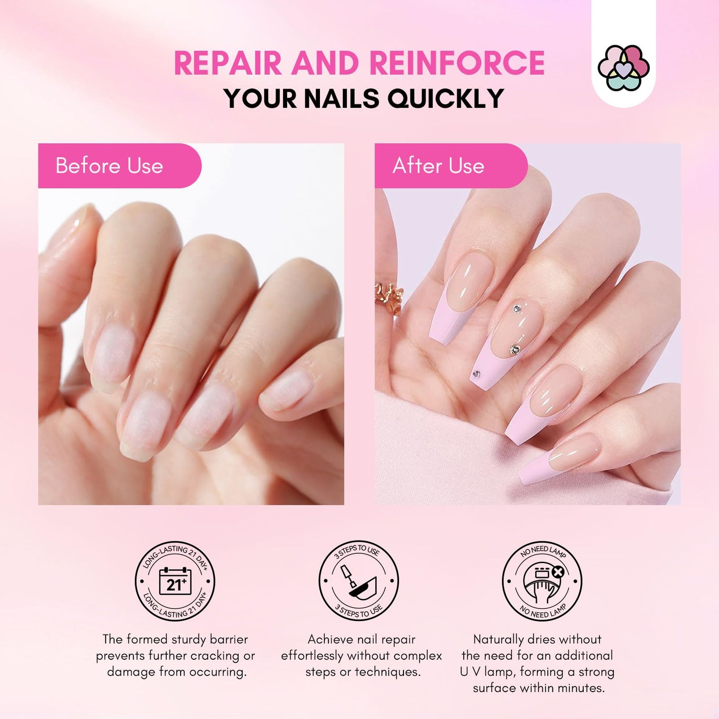 SAVILAND 60g Nail Repair Kit for Split Damaged Nails: 3 Mins Air Dry Quick & Easy Instant Broken Nail Repair Natural Clear & Pink Dip Powder with 21ml Nail Glue Emergency Home & Salon Use