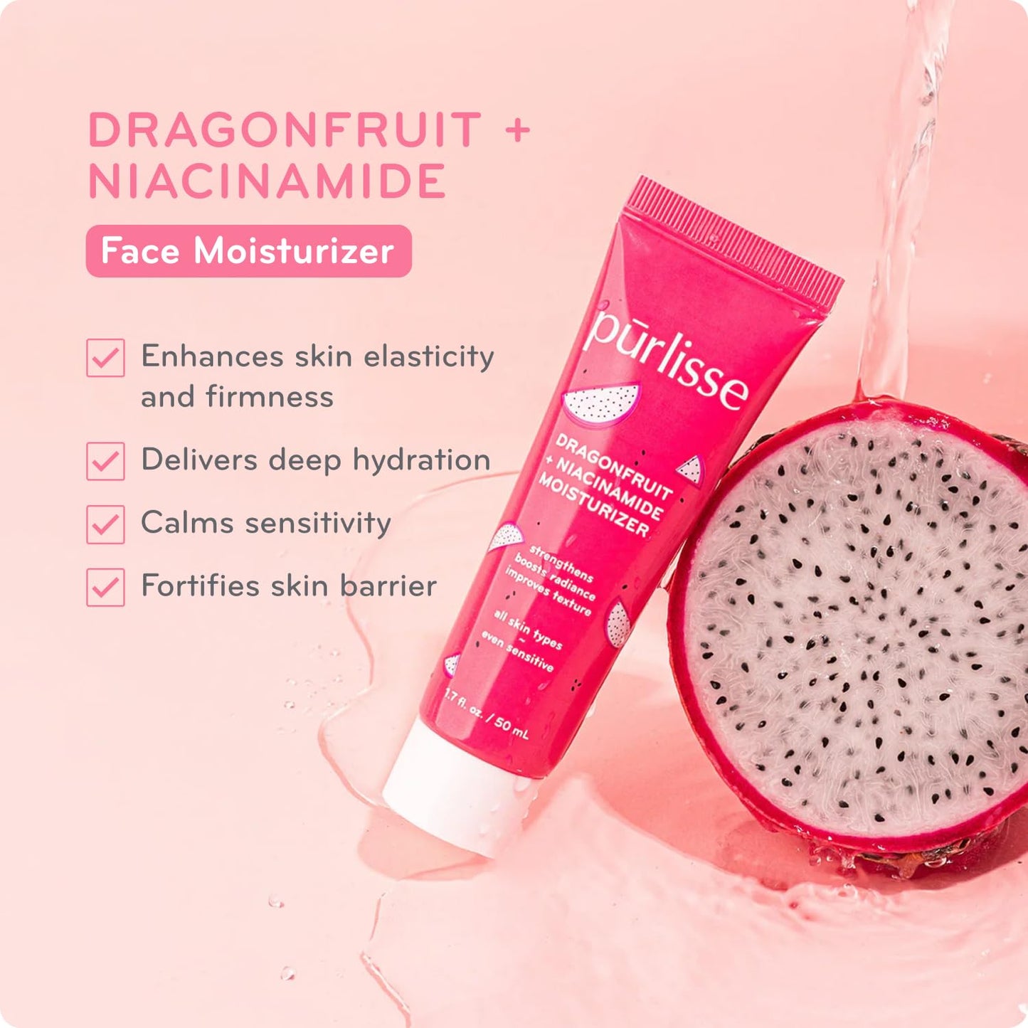 pūrlisse Dragonfruit + Niacinamide Hydrating Face Moisturizer - Face Moisturizer for Radiance & Improved Texture - Strengthens Skin Barrier, Reduces Blemishes & Fights Signs of Aging (1.7 Fl oz)