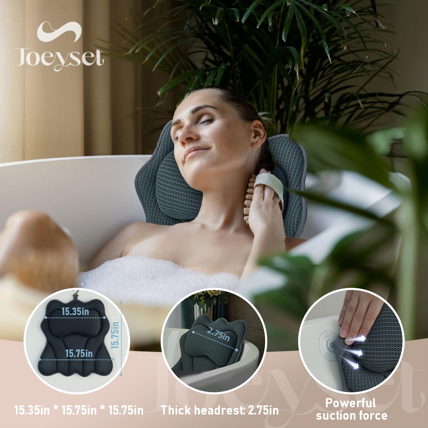 Joeyset Bath Pillows for Tub – Luxury Bath Pillow & Bathtub Pillow with 6 Strong Suction Cups, Soft Cushion for Head and Neck Support, Relaxing Bath Accessories for Women (Gray)