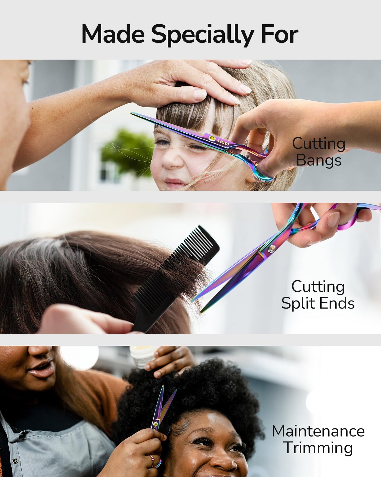 ULG Professional Hair Scissors Kit Right-Hand Razor Edge Barber Scissors Salon Hair Cutting Shears Made of Japanese Stainless Steel, Hand Sharpened 6.5 inch Rainbow