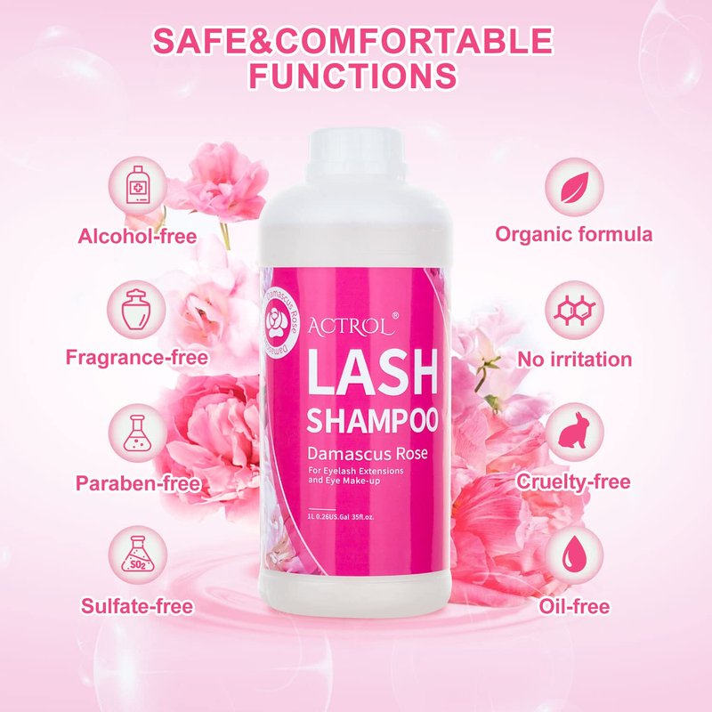ACTROL Eyelash Extension Cleanser Rose 1L Natural Lash Extension Shampoo Professional Eyelid Foaming Cleanser Paraben & Sulfate Free Non-lrritating with Salon and Home Care