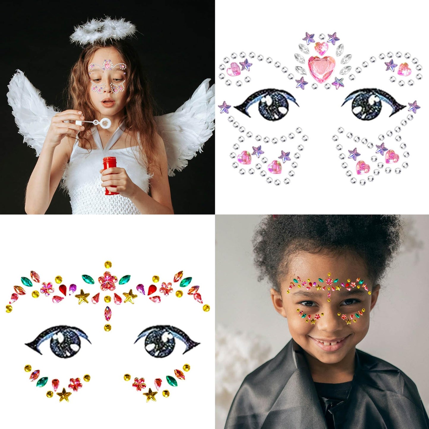 Kids Festival Face Jewels Gems – 4 Pack Sparkly Face Stickers & Crystal Temporary Tattoos – Fun Rhinestone Makeup for Girls for Halloween, Birthday, Christmas & Dress-Up Play