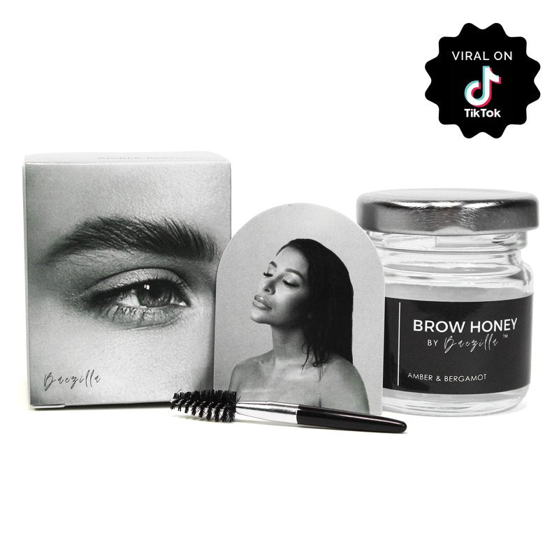Brow Honey by Baezilla Eyebrow Gel - Long Lasting Clear Waterproof Wax Lamination Gift Set With Brush - Natural Amber Bergamot Scent