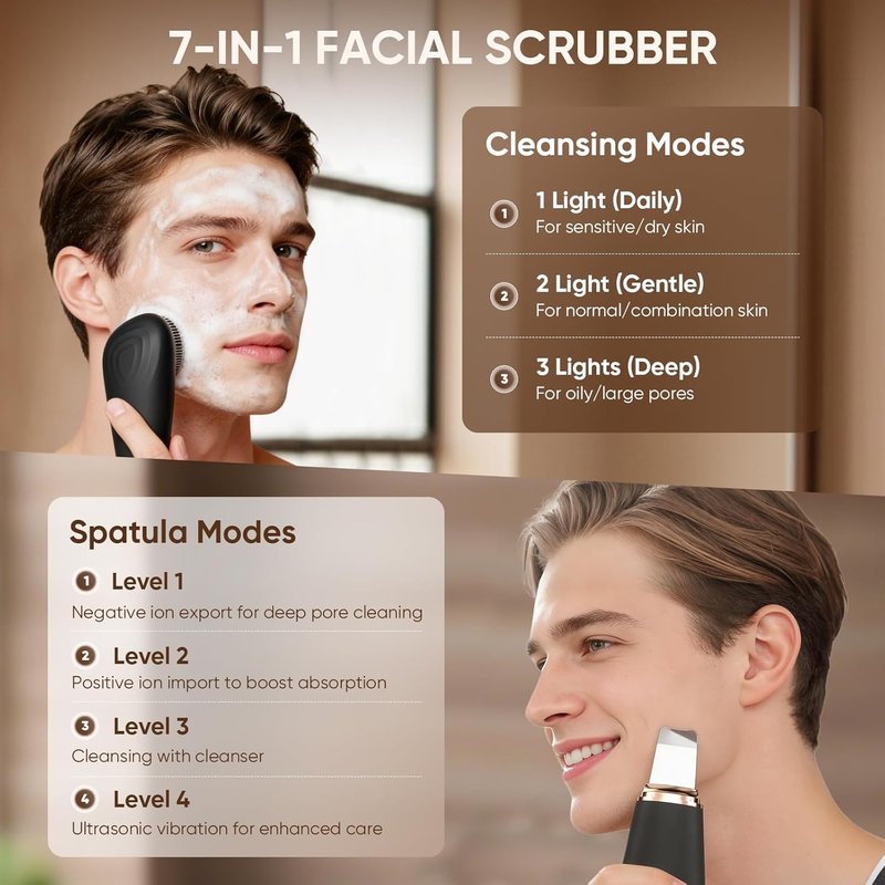 Silicone Face Scrubber - 2-in-1 Rechargeable Blackhead Scraper & Cleansing Brush | IPX7 Waterproof, Deep Cleansing for All Skin Types (Black)