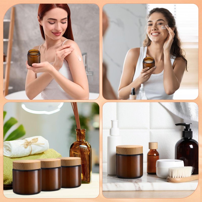 Norme 24 Pcs Glass Jars with Lids Empty Small Glass Containers and Inner Liners Reusable Cosmetic Jars Round Airtight Bottles with Plastic Woodgrain Lids for Storing Lotion (4 oz,Amber)
