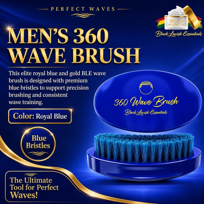 Black Lavish Essentials Men’s Hair Brush, Build Deeper, Hard Boar Bristle Curved, Perfect for Styling Hair, Ultimate Wave Grooming Tool, 360 Wave Brush (Medium-Hard Brush, Blue)