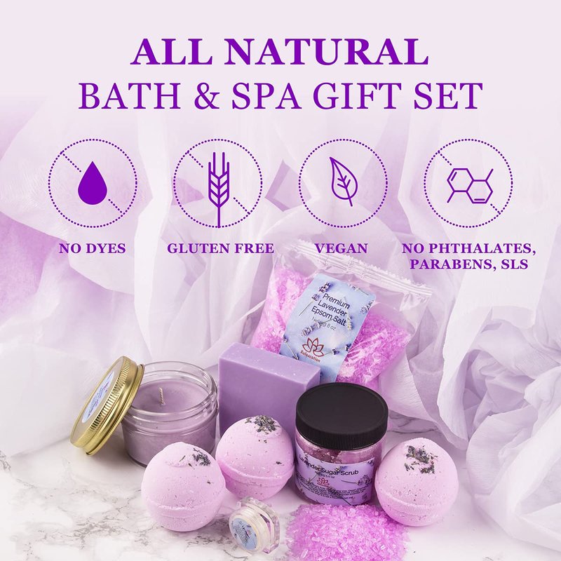 Organic Lavender Gift Basket - Spa Kit with Soy Wax Candle, Bath Bombs & Natural Oils | Perfect Gift for Women & Moms