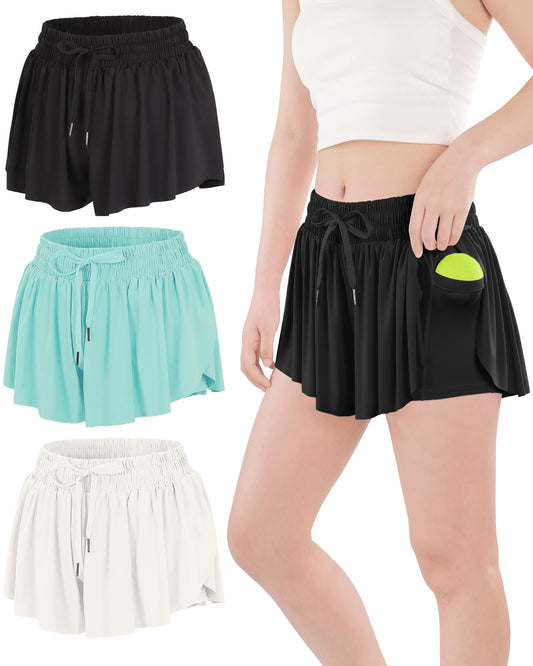 ZUEMET Girls Butterfly Shorts Flowy Shorts with Pocket 2-in-1 Dance Athletic Shorts for Girl Black+Green+Beige 11-12 Years