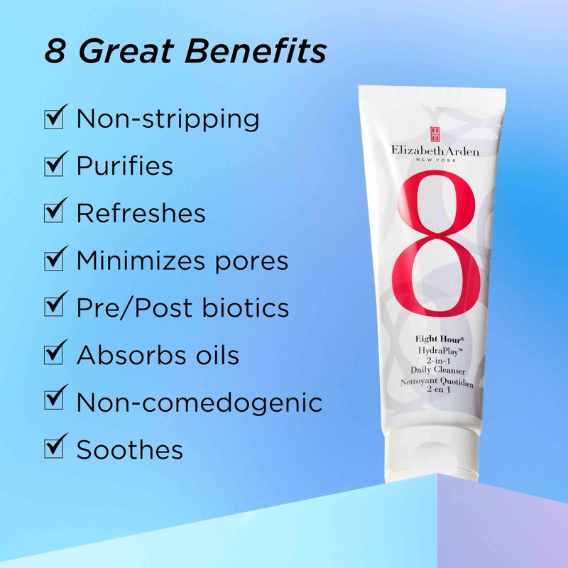 Elizabeth Arden Eight Hour HydraPlay 2-in-1 Daily Gentle Cleanser and Pore Minimizer Mask, Hydrating Face Wash with Kaolin Clay & Glycerin, Non-Comedogenic, Vegan, For All Skin Types, 4.2 oz.