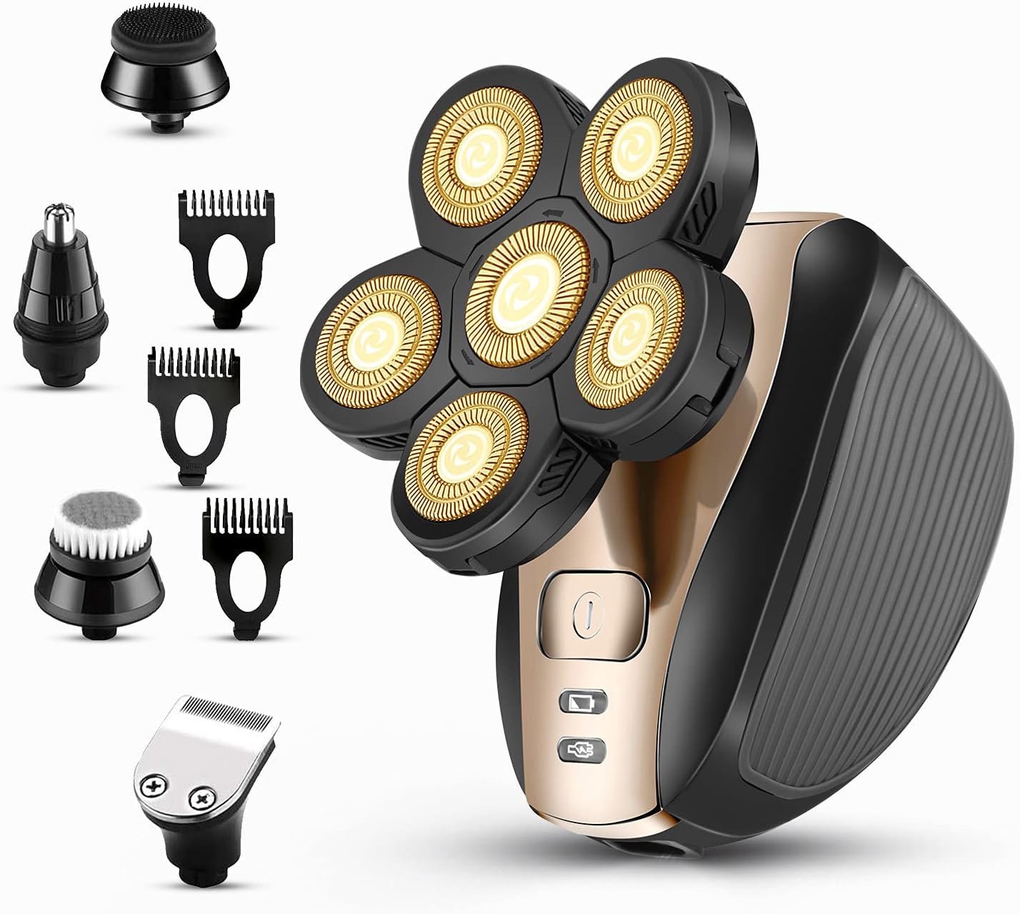 Multifunctional Bald Head Shaver - Waterproof Cordless Electric Razor Grooming Kit for Men | Gold Finish