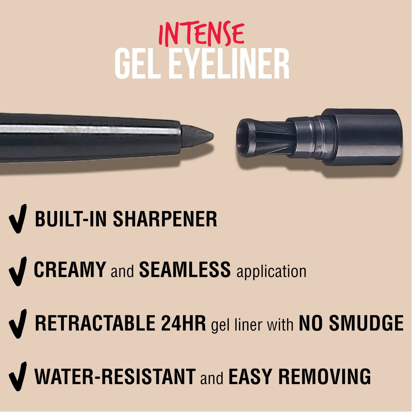 Kiss NEW YORK Pro Intense Gel Eyeliner with Built-In Sharpener, Waterproof, Smudge-Proof, Long Lasting Gel Eyeliner Pencil (Black)