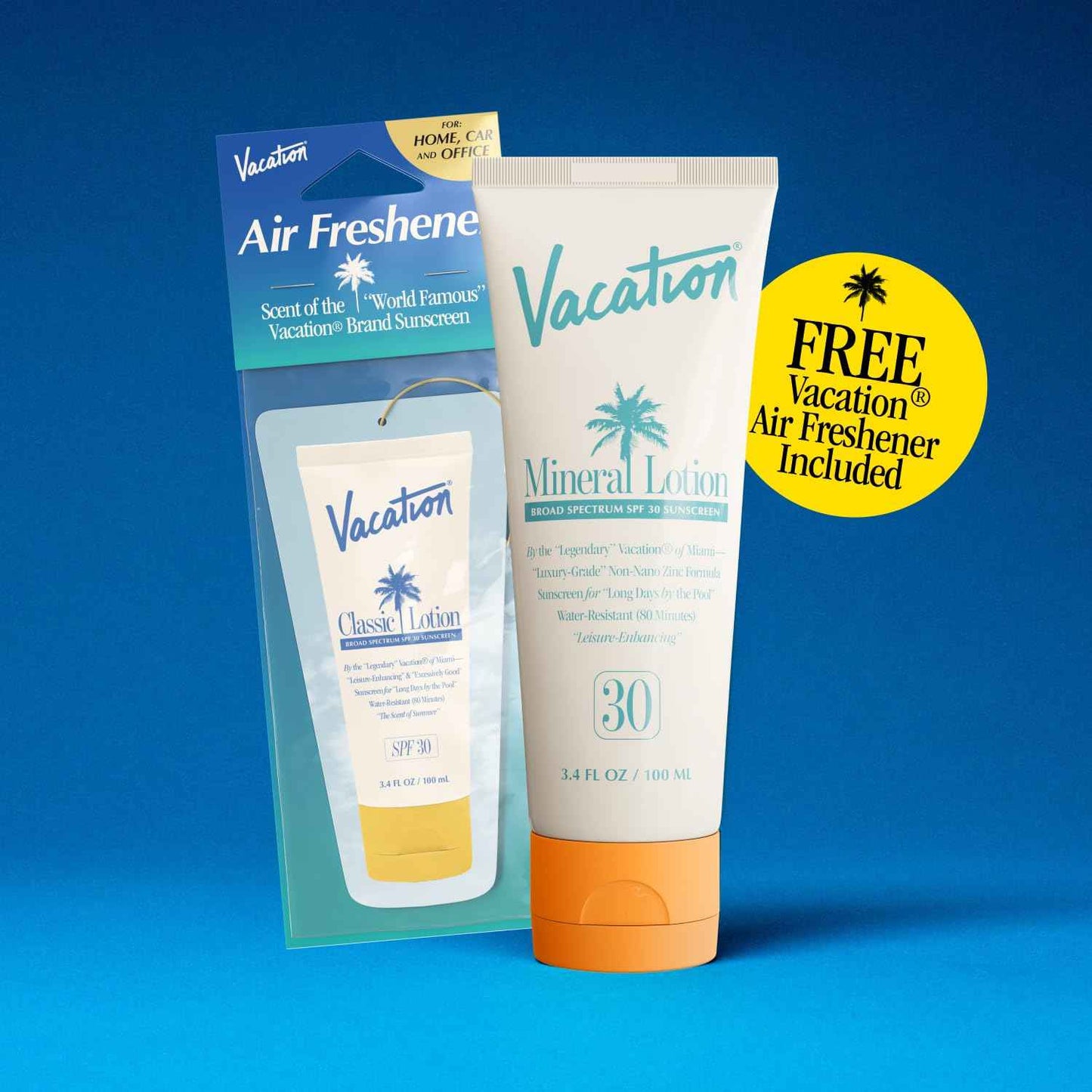 Vacation Mineral Lotion Sunscreen SPF 30 & Air Freshener Bundle, Non-Nano Zinc Oxide Formula, No White Cast, Water-Resistant, Dermatologist-Tested, Vegan, Travel Size, 3.4 Fl. Oz.