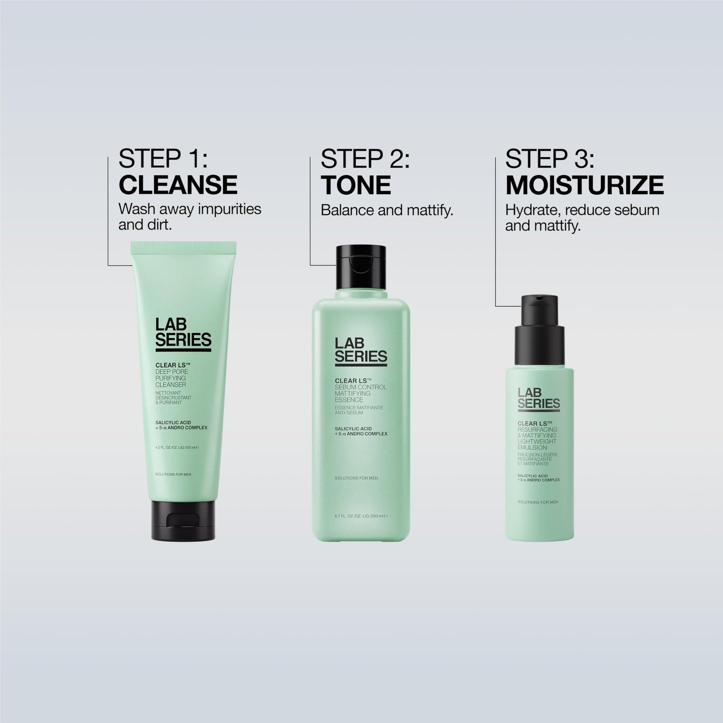 Lab Series Men's Clear LS 3 Step Routine Suitable for Acne Prone Skin - Skin Care Set For Men - Includes Full Size Toner, Travel Size Face Wash & Face Moisturizer