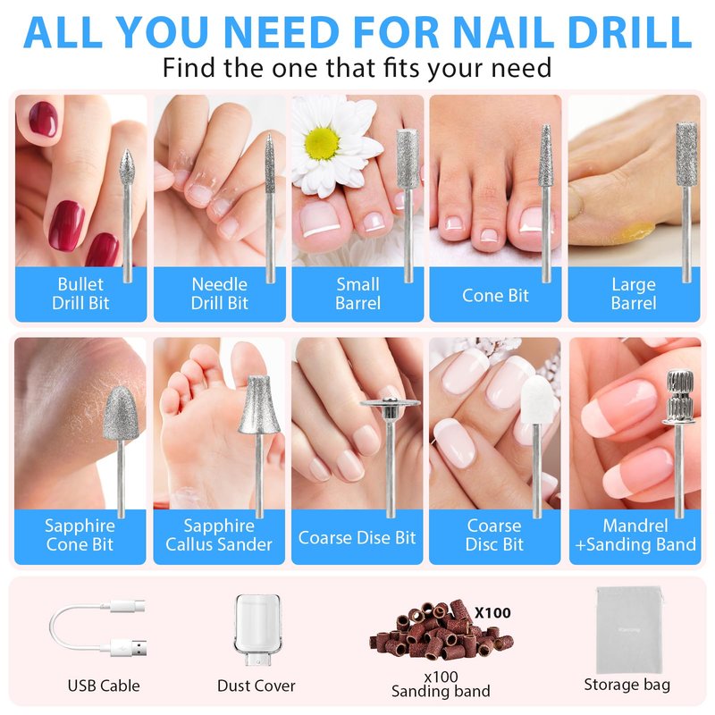 Professional Manicure Pedicure Kit, Cordless Electric Nail File Set, 360° LED Light Nail Drill Machine with LCD Display, 10 Speeds Rechargeable Nail Drill Grinder for Gel Nail Thick Toe Nails