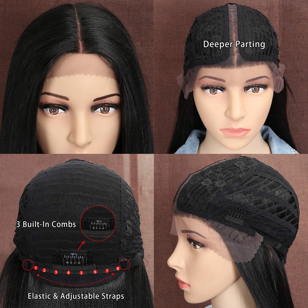 Style Icon 38" Super Long Straight Wigs Lace Front Wigs 6" Deeper Middle Part Wig Black Synthetic Wig (38", 1B)