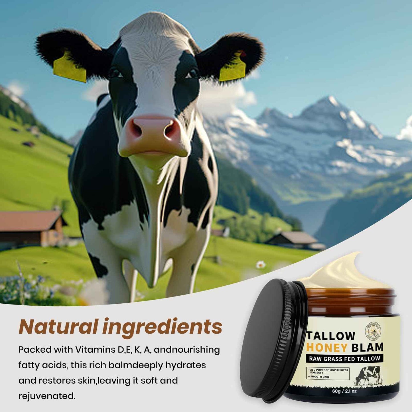 Beef Tallow for Skin, Tallow Face Moisturizer, Organic Grass-Fed Beef Tallow Balm with Raw Honey Blend, Hands, Body & Face Moisturizer, Natural Formula, Light Scent for Women and Men