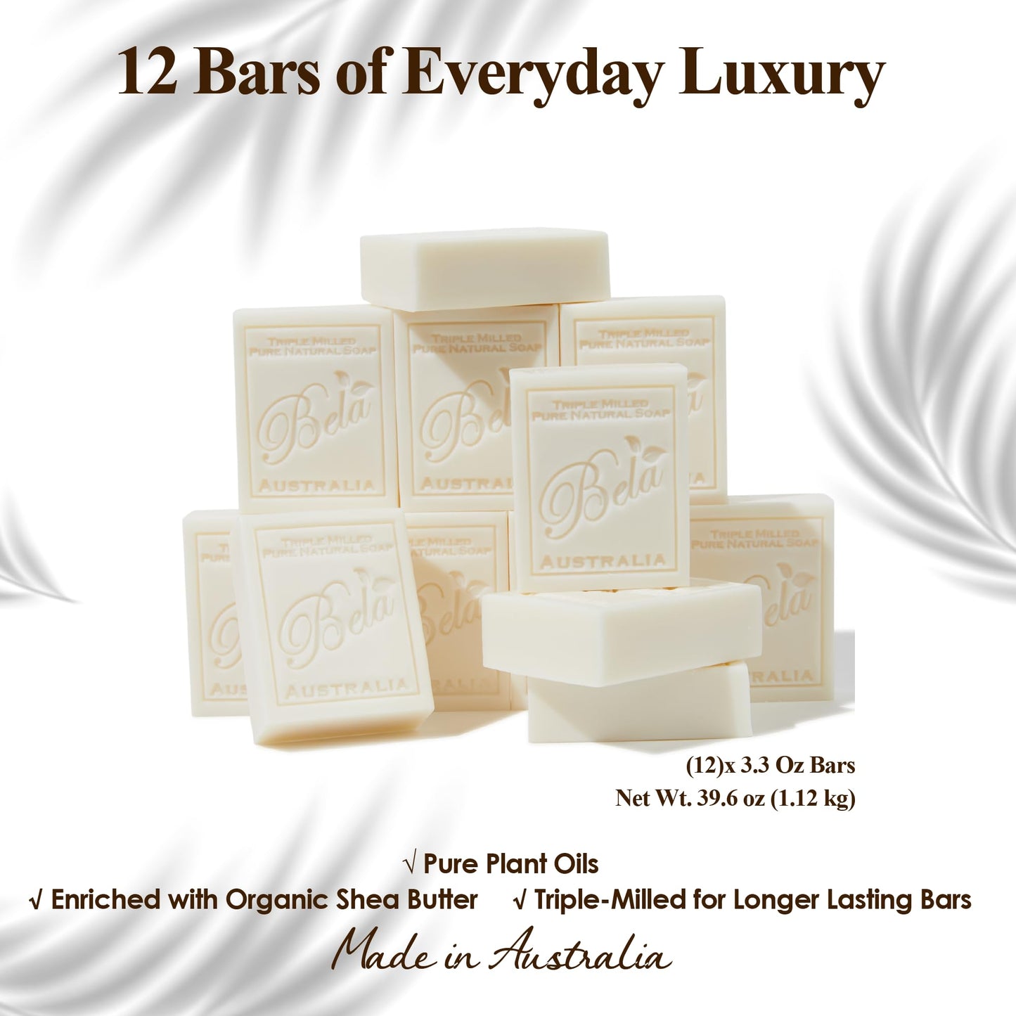 BELA Extra Creamy Goat Milk Soap 3.3 OZ Pack of 12, Long Lasting French Triple Milled Bar Soap Enriched with Organic Shea Butter, Hand, Face and Body Wash Bar, Made in Australia