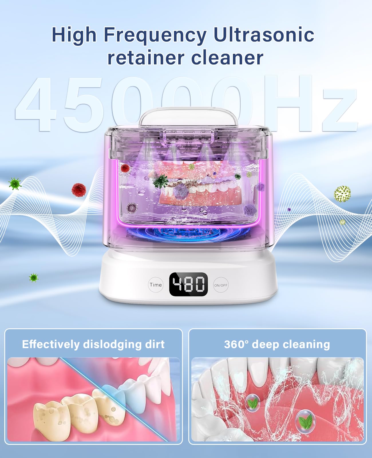 IAULF Ultrasonic Retainer Cleaner Machine, Dental Cleaning Pod, Sonic Retainer Cleaner Machine with Digital Timer for Dentures, Aligners, Braces, Night Guards, Jewelry 45kHz/319ml (White)