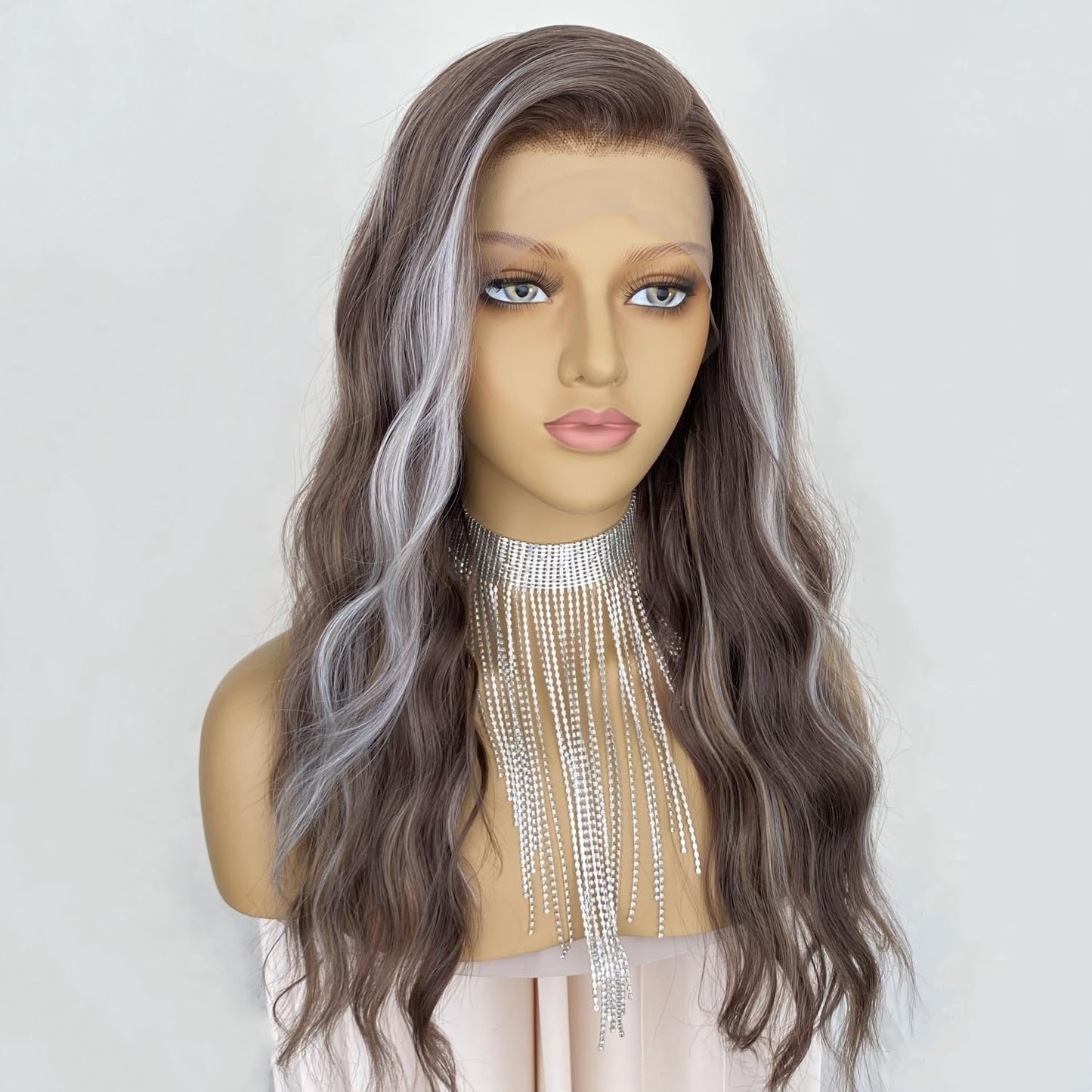 CIMITIKI Ash Brown Wigs Highlight Platinum Hair Mixed Honey Blonde 13x4 Lace Front Wig Ombre Silver Loose Wavy Synthetic 20Inch Pre Plucked for Women