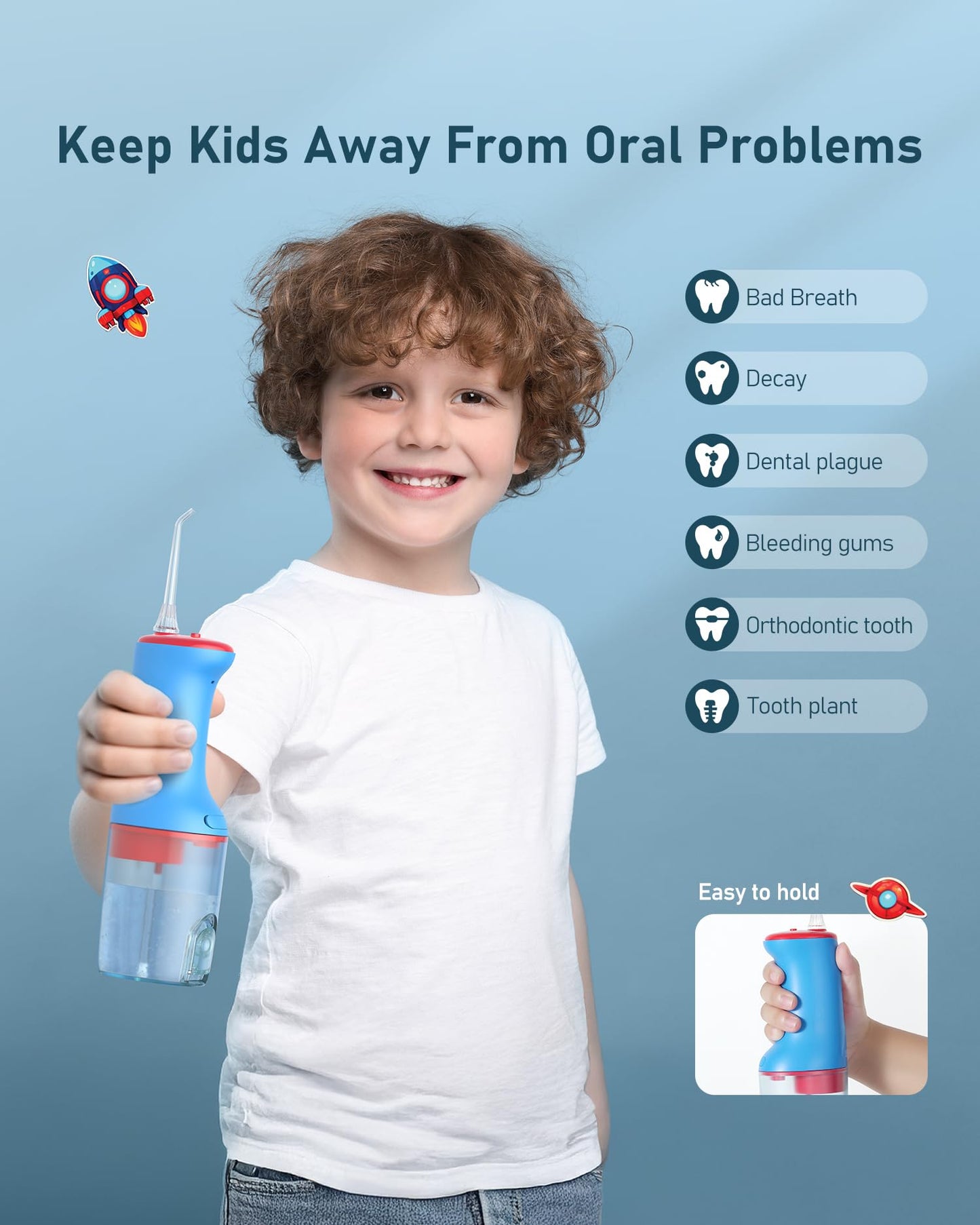 Lillilook Kids Water Flosser Blue, Rechargeable Oral Irrigator for Kids Aged 6+, 4 Modes, 3 Jet Tips, Fun Stickers, Safe and Gentle Oral Care