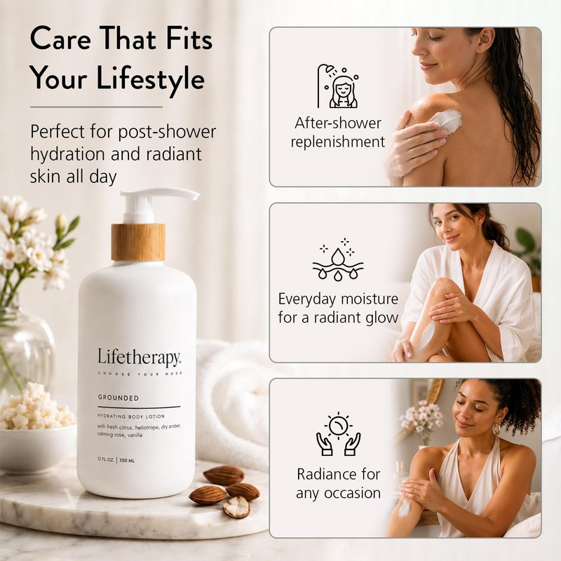 Lifetherapy Body Lotion for Dry & Sensitive Skin, Hydrating Lightweight Non-Greasy Moisturizer, Vegan Gluten Free Clean Beauty, Grounded Fragrance, Daily Use for Women & Men 12oz