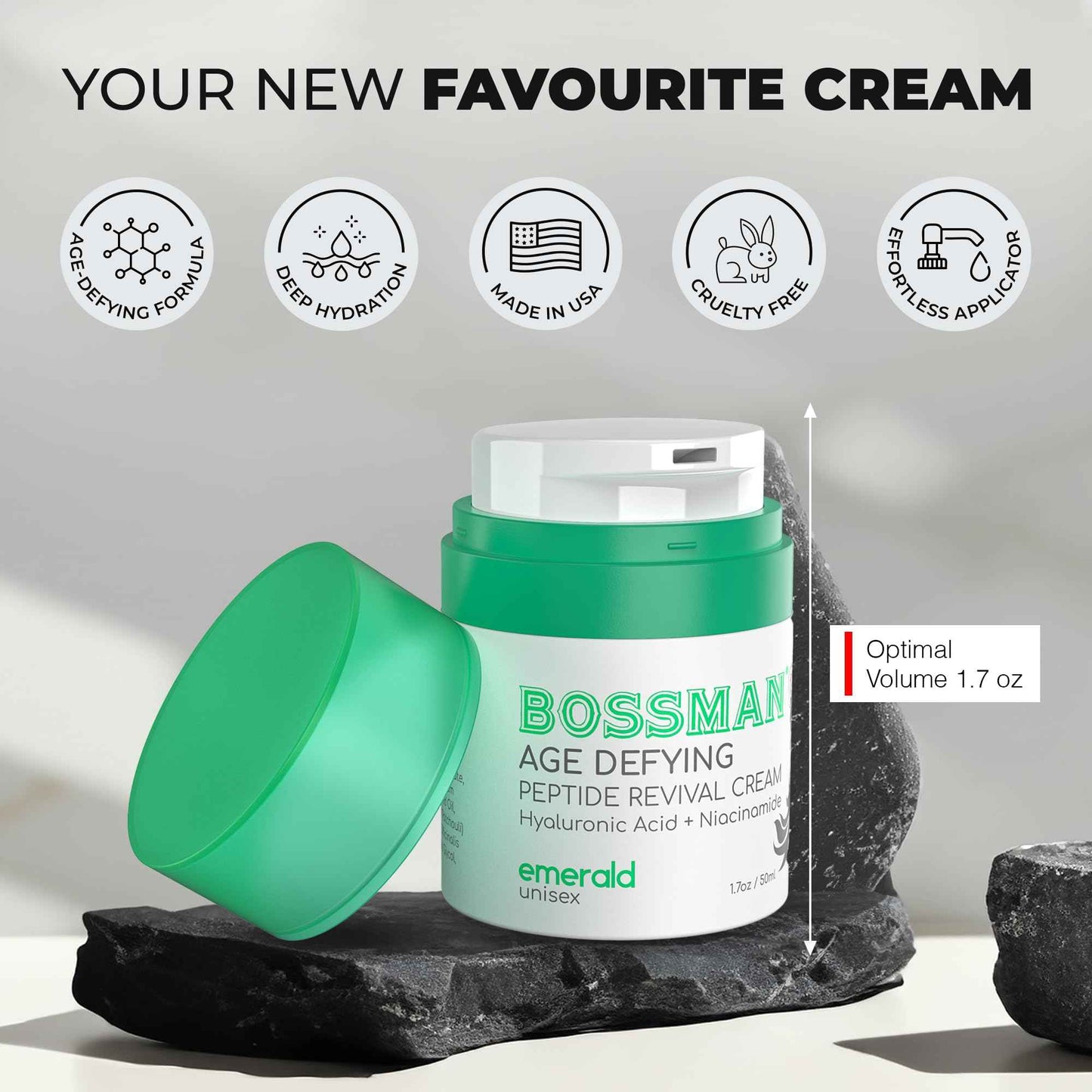 Bossman Peptide Revival Cream 1.7 oz - Emerald (Green Tea) Scent - Anti-Aging Face Moisturizer for Men & Women - Niacinamide & Hyaluronic Acid - Peptide Moisturizer for All Skin Types - Made in USA