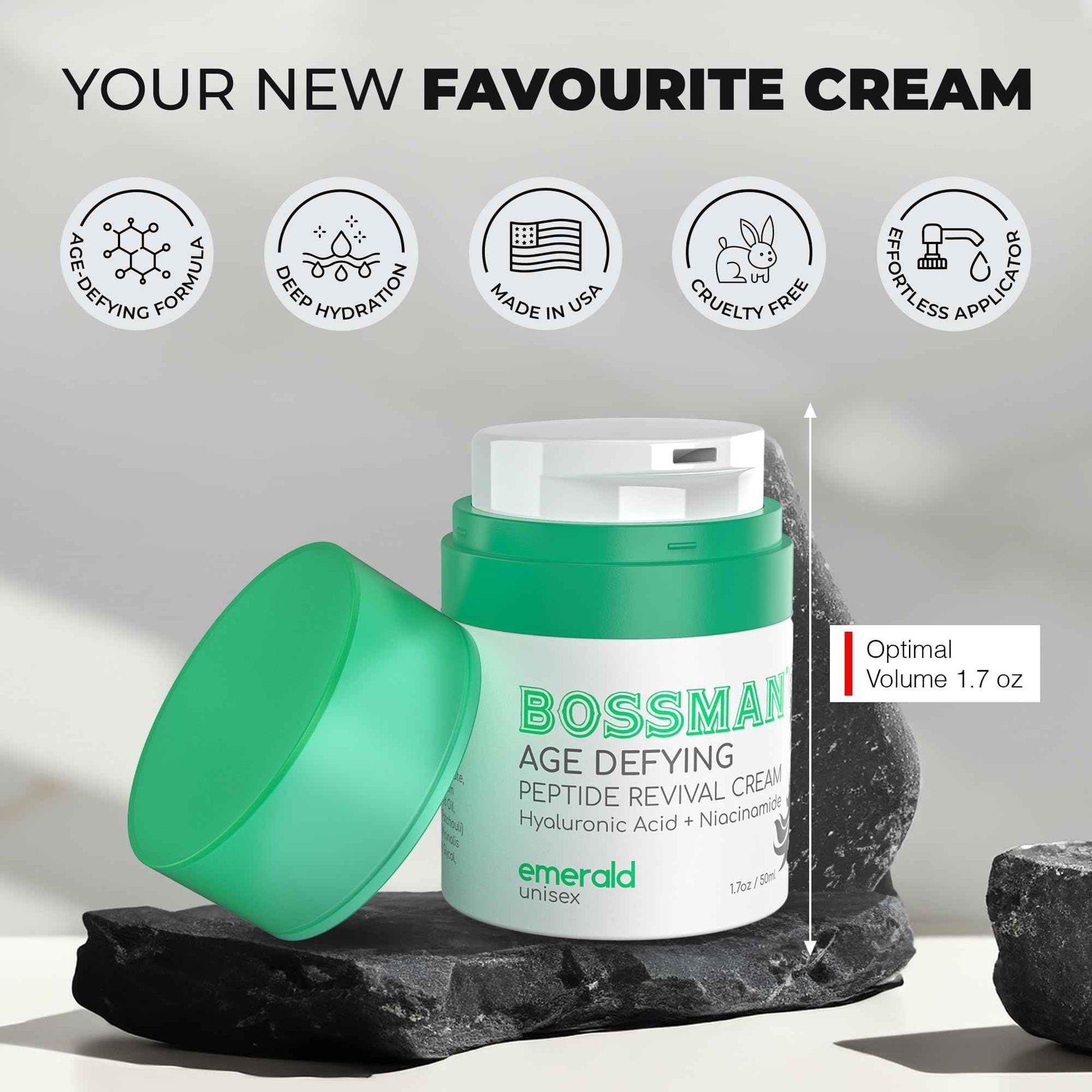 Bossman Peptide Revival Cream 1.7 oz - Emerald (Green Tea) Scent - Anti-Aging Face Moisturizer for Men & Women - Niacinamide & Hyaluronic Acid - Peptide Moisturizer for All Skin Types - Made in USA
