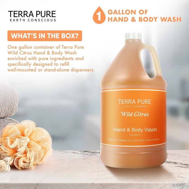 Terra Pure Wild Citrus Gallon Hand & Body Wash – Refill Jug for Hotels, Vacation Rentals, Guest Homes, Spas, Gyms | Bulk Liquid Soap Toiletries | No Color Added | For Sensitive Skin & Daily Use
