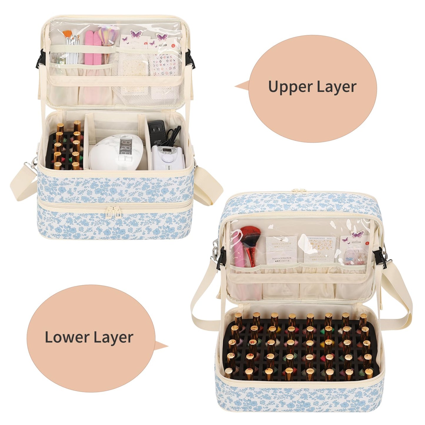 Ethereal Nail Polish Organizer Bag, Holds 50+ Bottles(15ml/0.5 fl.oz) UV Nail Lamp, Gel Polish Travel Storage Bag for Nail Kit, Gift for Manicurist, Girls