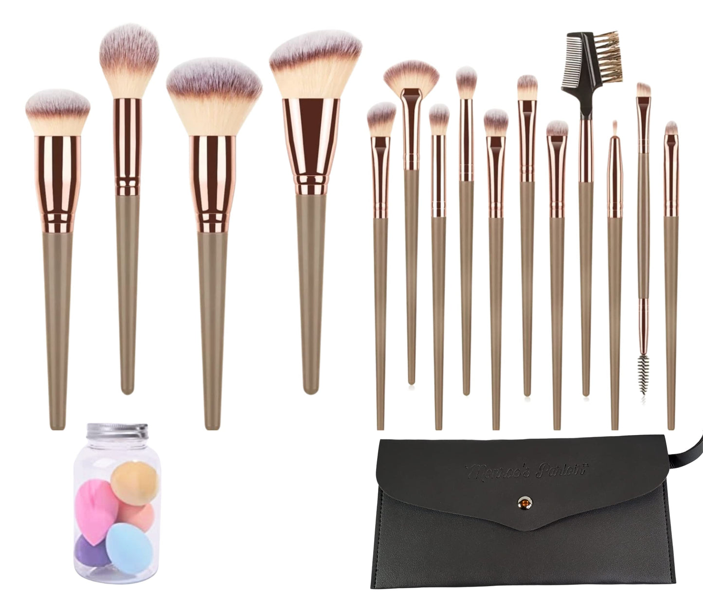 15 pcs Vegan Makeup Brush Set with Carrying Pouch and 5 pcs Sponge with Container