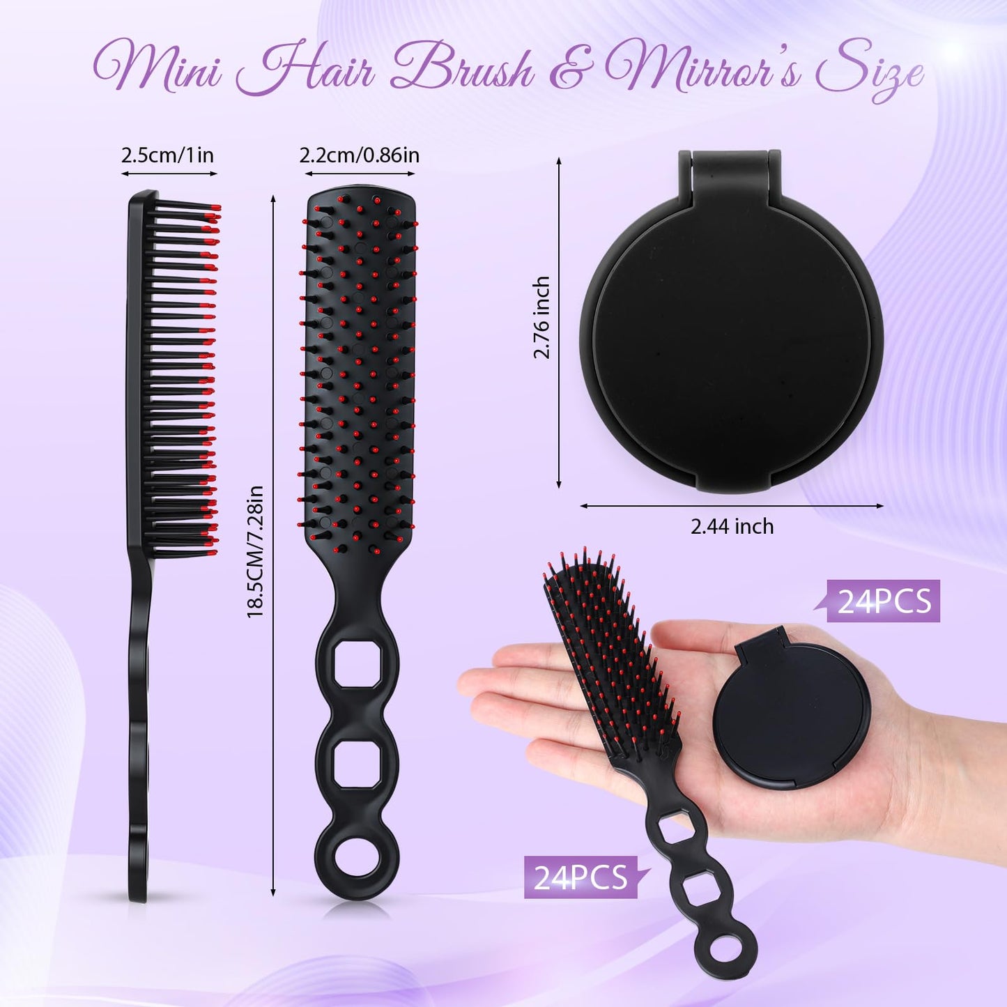 Ferrochef 48 Pcs Hair Brushes and Folding Mirrors Set for Homeless Include Bulk Mini Hair Combs and Mini Portable Round Pocket Makeup Compact Mirror Spa Party Gift for Women for Purse Travel (Black)