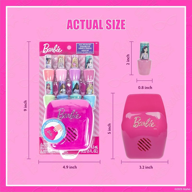 Barbie Non-Toxic Peel-Off Nail Polish Set for Kids - Safe Water-Based Formula | Includes Nail Dryer, Ages 3+