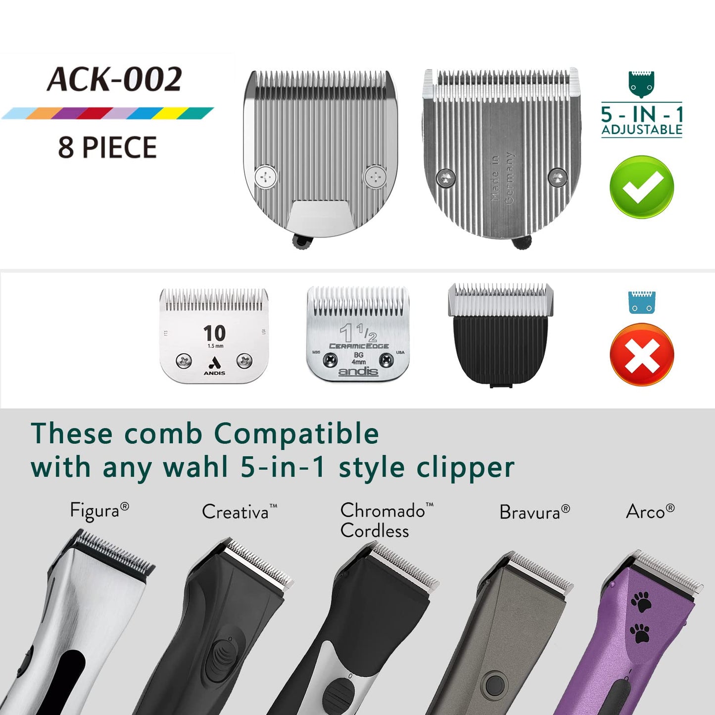 Animal Stainless Steel Clip Attachment Guide Comb Set for 5-in-1 Detachable Blade Pet, Dog and Cat Clippers (Not compatible with A5 style Detachable Blade)