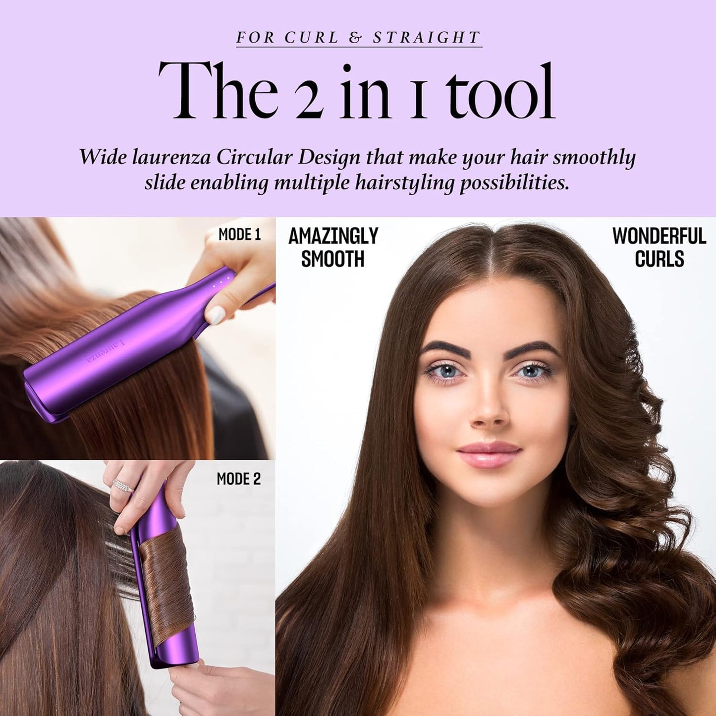 Laurenza 2-in-1 Hair Straightener & Curler, 2 Inch Plate, 8.5" Extra-Large Ceramic Iron with 20M Anions (Purple)