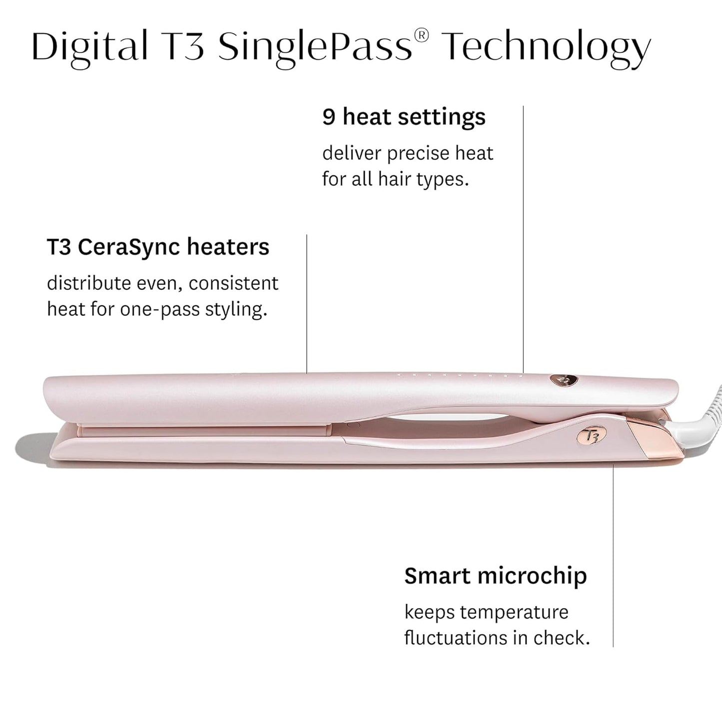 T3 SinglePass Smooth X Flat Iron - Professional Hair Straightener with Extra-Long Ceramic Plates & 9 Heat Settings for All Hair Types
