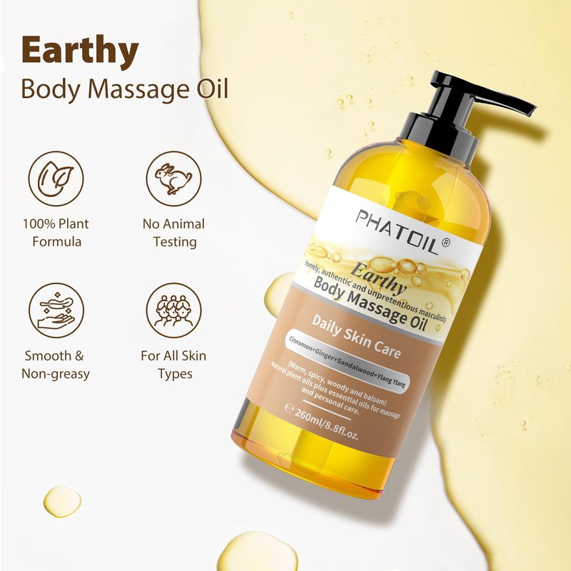 PHATOIL Sandalwood Body Oil for Men with Ginger, YlangYlang, Cinnamon, 260ml Large Bottle Body Oil for Skin, 8.8 fl.oz Premium Moisturizer Oil for After Shower, Great for Skin and Body Care